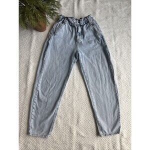 Zara Women's Paper bag Style Cinch Waist Jeans Blue Light Wash High Waisted 4
